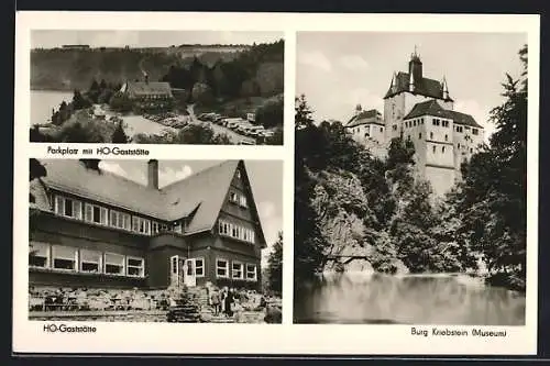 AK Kriebstein, Talsperre, Parkplatz mit HO-Gaststätte, HO-Gaststätte, Burg Kriebstein Museum