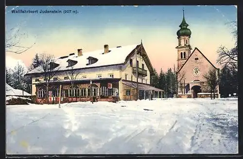 AK Judenstein, Winterpartie mit Wallfahrtskirche