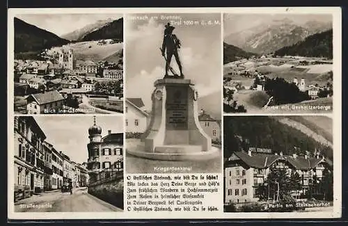 AK Steinach am Brenner, Kriegerdenkmal, Ortsansicht mit den Gschnitzerbergen, Hotel Steinacherhof