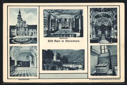 AK Stift Rein /Steiermark, Stiftshof, Kirchen-Interieur, Bibliothek, Alte Sakristei, Grabdenkmal Herzog Ernsts