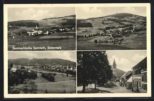 AK Semriach, Panorama mit Blick auf die Kirche, Strassenpartie mit Kirche, Gesamtansicht