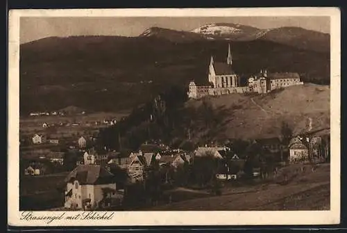 AK Strassengel, Ortsansicht mit der exponierten Kirche gegen den Schöckel