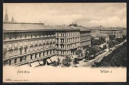 AK Wien, Der Park-Ring aus der Vogelschau mit Strassenbahnen