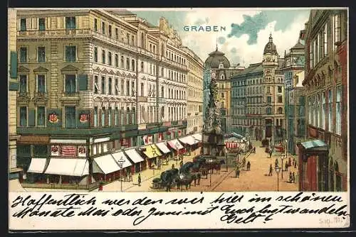 Lithographie Wien, Graben mit Denkmal