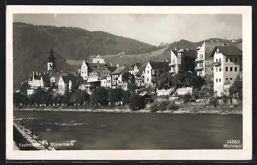 AK Frohnleiten /Steiermark, Uferpartie mit Blick auf die Ortschaft