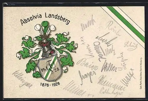 AK Landsberg / Lech, Absolvia 1928, studentisches Wappen mit weiss-grünen Farben