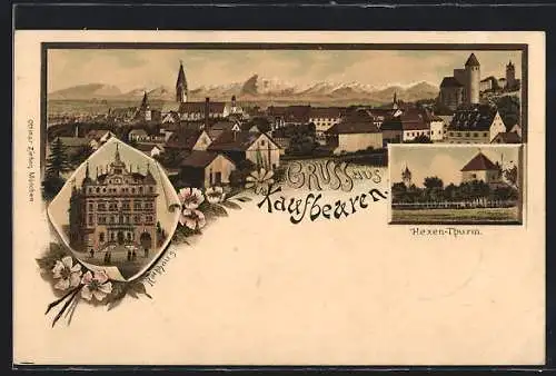 Lithographie Kaufbeuren, Gesamtansicht mit Alpen, Hexenthurm, Rathaus