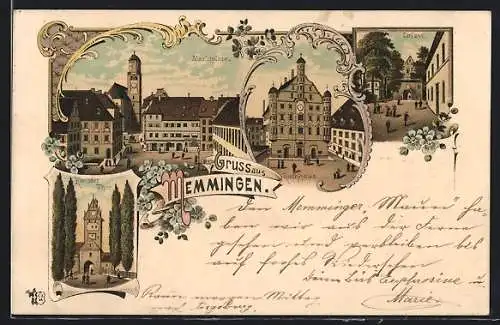 Lithographie Memmingen, Kempter Thor, Marktplatz, Rathaus, Einlass der Stadtmauer