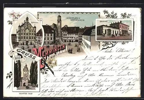 Vorläufer-Lithographie Memmingen, 1895, Rathhaus, Marktplatz und Martinskirche, Kempter-Thor, Bahnhof