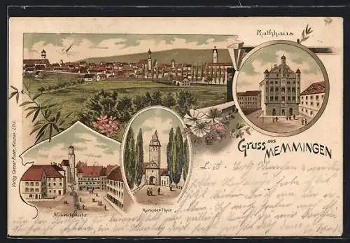 Lithographie Memmingen, Ortsansicht mit Kempter Tor, Rathaus u. Marktplatz