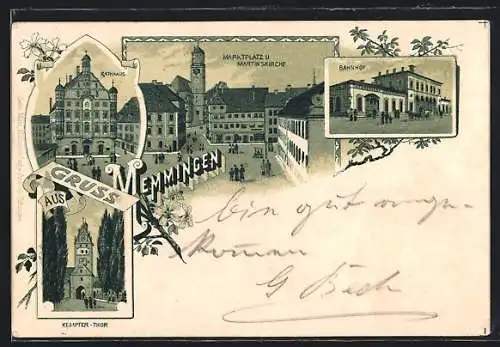 Lithographie Memmingen, Marktplatz und Martinskirche, Rathaus, Kempter-Tor, Bahnhof