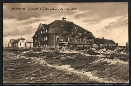 AK Südstrand a. Föhr, Ortspartie während der Sturmflut