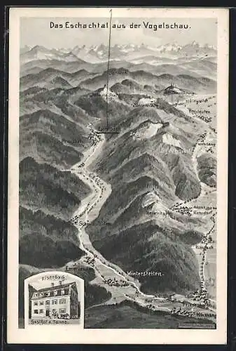 Künstler-AK Eugen Felle: Eisenbach / Isny, Gasthof zur Tanne, Eschachtal aus der Vogelschau