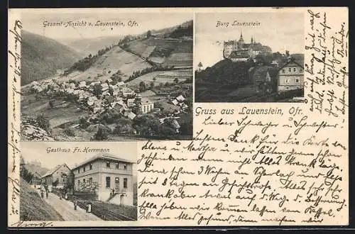 AK Lauenstein / Ofr., Totalansicht, Burg, Gasthaus Herrmann