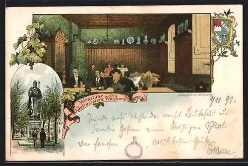 Lithographie Würzburg, Weingasthaus des Juliusspitals, Innenansicht, Denkmal
