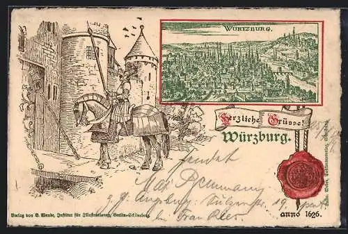 Lithographie Würzburg, Teilansicht, Ritter zu Pferde vor Burg, Siegel
