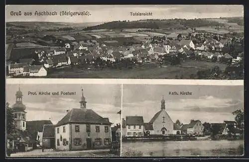 AK Aschbach /Steigerwald, Kath. und Prot. Kirchen mit Postamt
