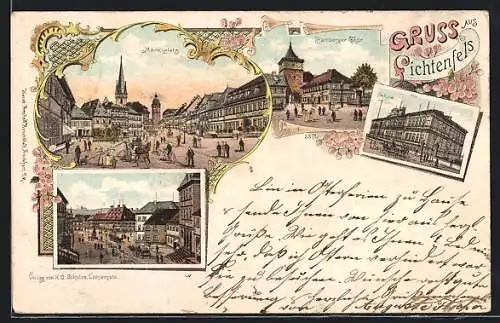 Lithographie Lichtenfels / Main, Schule, Marktplatz, Bamberger Tor