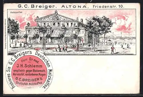 Lithographie Hamburg-Altona, Cafe Alsterpavillon, Reklame für Malzkaffee G. C. Breiger, Friedenstrasse 10