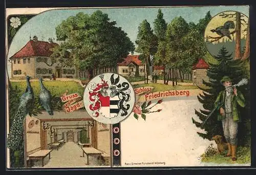 Lithographie Friedrichsberg / Abstwind, Jagdschloss von innen und aussen, Jäger, Pfau