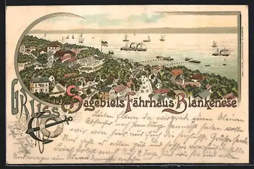 Lithographie Hamburg-Blankenese, Gasthaus Sagebiels Fährhaus, Elb-Panorama