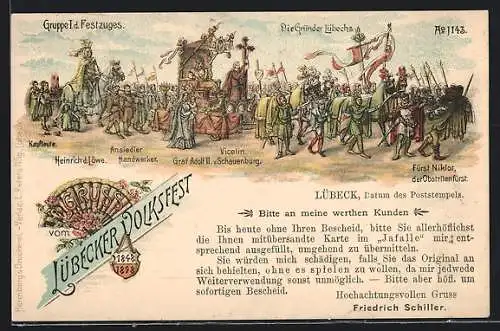 Lithographie Lübeck, Lübecker Volksfest, Gruppe I des Festzuges, Die Gründer Lübecks: Heinrich der Löwe, Graf Adolf II.