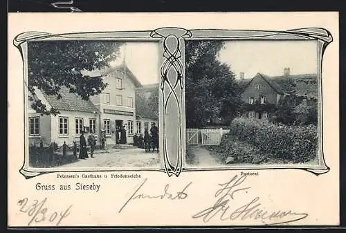 AK Sieseby, Petersens Gasthaus und Friedenseiche, Pastorat