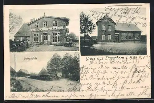 AK Stuvenborn i. H., Geschäftshaus Johann Korbs, Schule, Ortsansicht