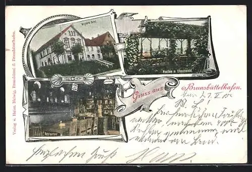 AK Brunsbüttelhafen, Wagners Hotel mit Pavillon u. Innenansicht Restaurant