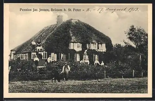 AK Brösum /St. Peter, Pension Jac. Jessen, von einer Wiese gesehen