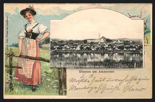 Passepartout-Lithographie Diessen am Ammersee, Panorama und Dirndl