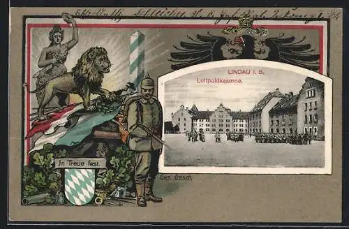 AK Lindau /Bodensee, Luitpold-Kaserne, Passepartout Soldat, Löwe & Bavaria
