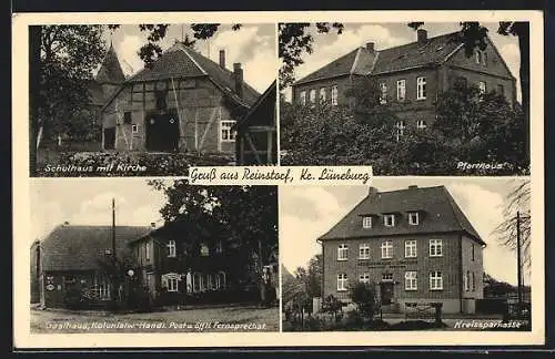 AK Reinstorf /Kr. Lüneburg, Gasthaus und Kolonialwaren-Handlung, Kreissparkasse, Pfarrhaus