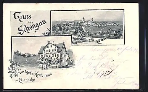 AK Schongau, Gasthof-Restaurant zur Eisenbahn, Gesamtansicht aus der Vogelschau