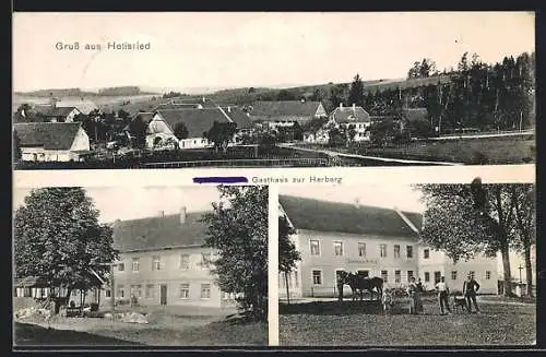 AK Hettisried, Gasthaus zur Herberg, Ortspanorama