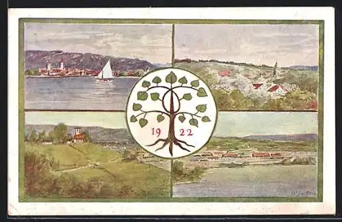 Künstler-AK Lindau / Bodensee, Mehrfachansichten der Stadt