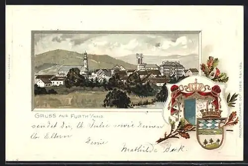 Passepartout-Lithographie Furth i. Wald, Panoramablick auf den Ort, Wappen