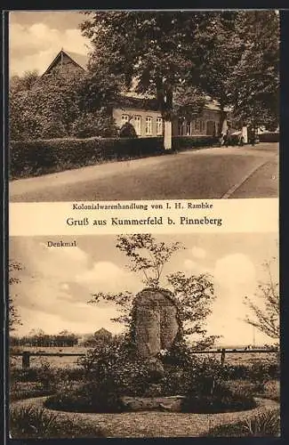 AK Kummerfeld /Pinneberg, Kolonialwarenhandlung I. H. Rambke mit Strasse, Denkmal