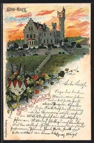 Lithographie Würzburg, Abendstimmung an der Stein-Burg