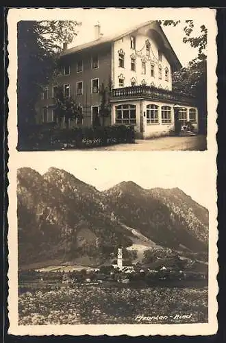 AK Pfronten-Ried, Bahnhof-Hotel Falkenstein, Gesamtansicht im Bergpanorama