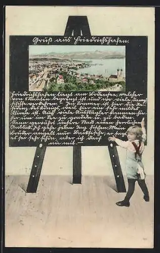 Schultafel-AK Friedrichshafen, Teilansicht mit Strassenpartie