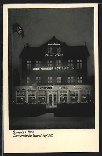 AK Timmendorfer Strand, Gaedecke`s Hotel bei Nacht, mit flagge