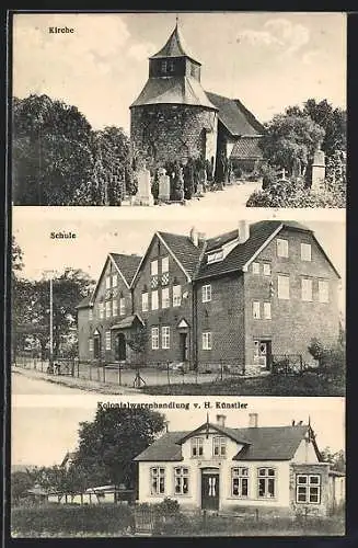 AK Oeversee, Kirche, Schule, Kolonialwarenhandlung v. H. Künstler