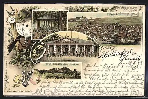 Lithographie Kronach / Bayern, Schützenfest, Schützenhaus, Musikpavillon, Totalansicht