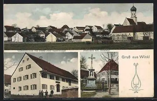 AK Winkl / Prittriching, Gastwirtschaft Franz Paul Rauschmayr, Pfarrhaus mit Denkmal