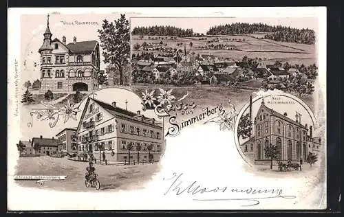 Lithographie Simmerberg, Gasthaus z. Adler v. E. König, Villa Rohrmoser, Neue Actienbrauerei