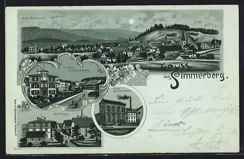 Mondschein-Lithographie Simmerberg, Neue Actienbrauerei, Villa Rohrmoser, Marktplatz