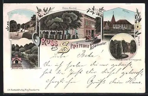 Lithographie Steinau / Niederelbe, Peters Gasthof, Strunks Sommergarten, Kirche