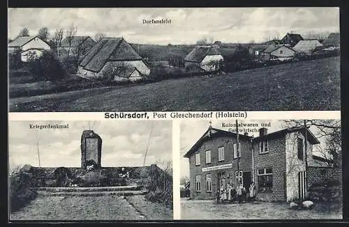 AK Schürsdorf / Holstein, Kolonialwaren und Gasthaus zur Erholung, Kriegerdenkmal