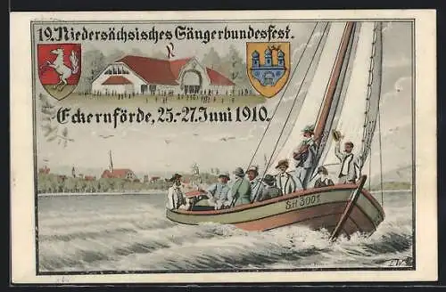 Künstler-AK Eckernförde, 19. Niedersächsisches Sängerbundesfest 1910, Segelboot